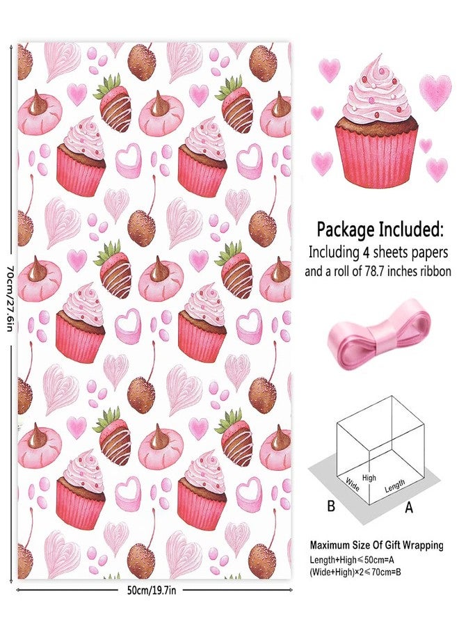 Boerni Cupcake Strawberry Doughnuts Heart Printed Gift Wrapping Paper, Sweet Dessert Birthday Gfit Wrap Paper Folded Flat with 1 Roll Pink Ribbon for Baby Shower Party Holiday Kids Girls Boys Gift Wrap Set - Image 2